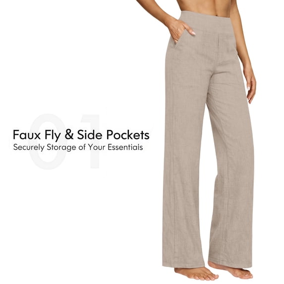 Linen Pants Women High Waisted Lounge Palazzo Pants Baggy Straight Leg Cotton Trousers Vacation Beach Trousers,Cotton Linen Soft Pant with Pockets Office Dress Work Slacks Comfy Trousers L