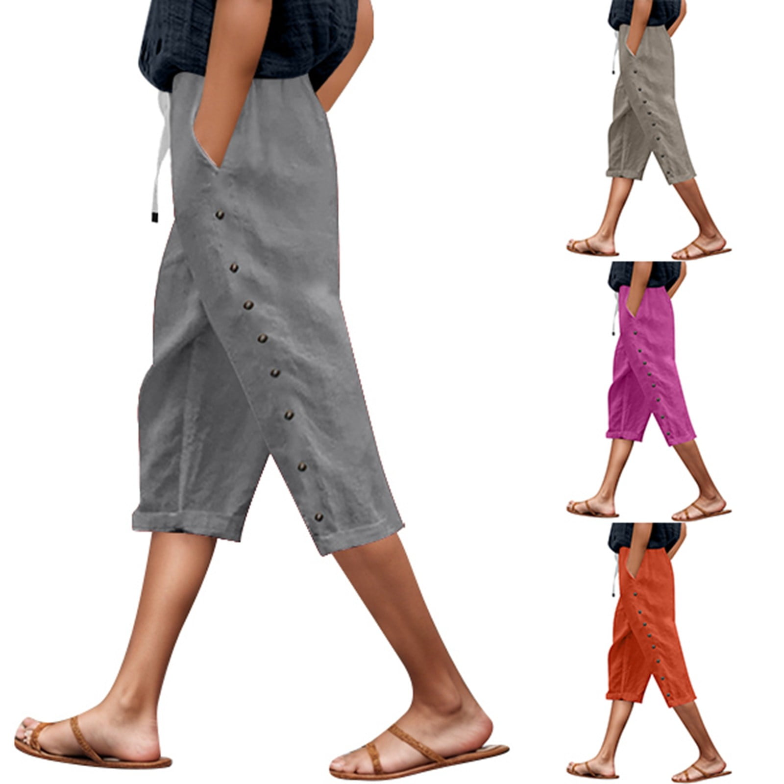 Fashion Pink Side Tie Waist Linen Pants Summer main image 1