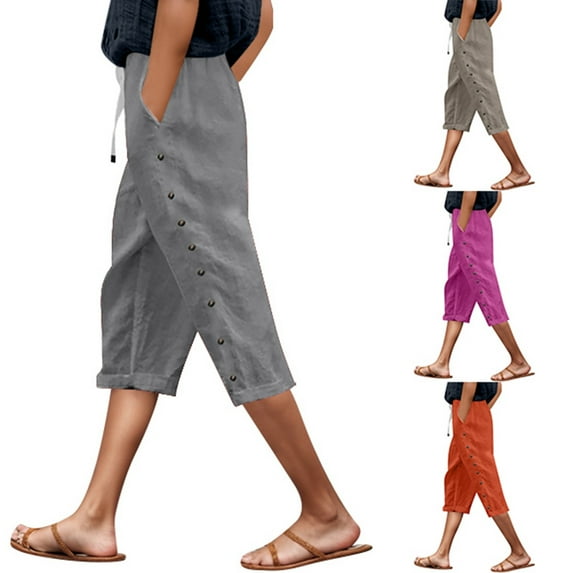 Linen Pants Women Lightweight High Waisted Side Button Pocket Solid Tie Waist Cropped Trouser Khaki Lounge Pajama Pant XL