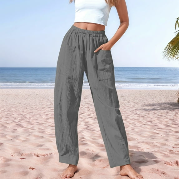 Linen Pants Women Lightweight High Waisted Stretchy Loose Fit Workout Pocket Trousers Black Running Lounge Pant L