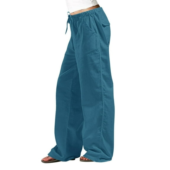 Linen Pants Women,Linen Casual Pants Loose Comfort Drawstring Elastic Waist Pocket Straight Leg Trousers Pure Color,Travel Pants,4XL,Blue