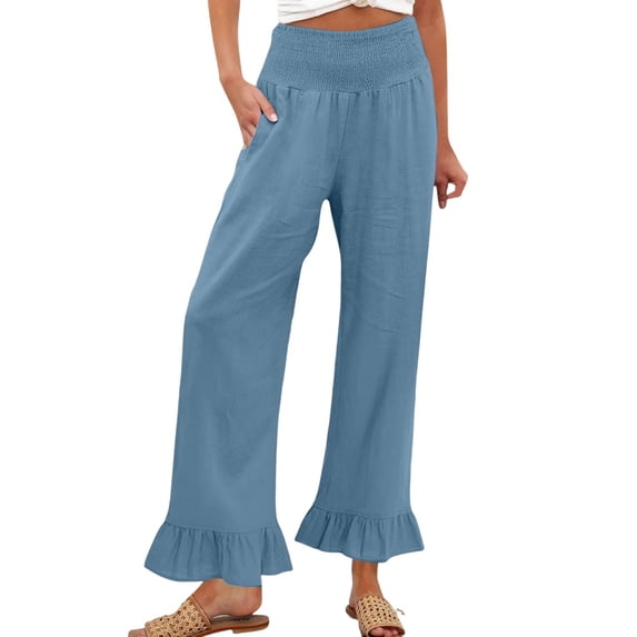 Linen Pants Women Linen Elastic High Waist Long Spring Fall Fashion Casual Wide Leg Sweatpants Women Sky Blue M