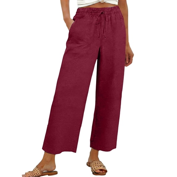 Linen Pants Women Linen High Waist Loose Beach Pocket Casual Wide Leg Sweatpants Women Red Xl