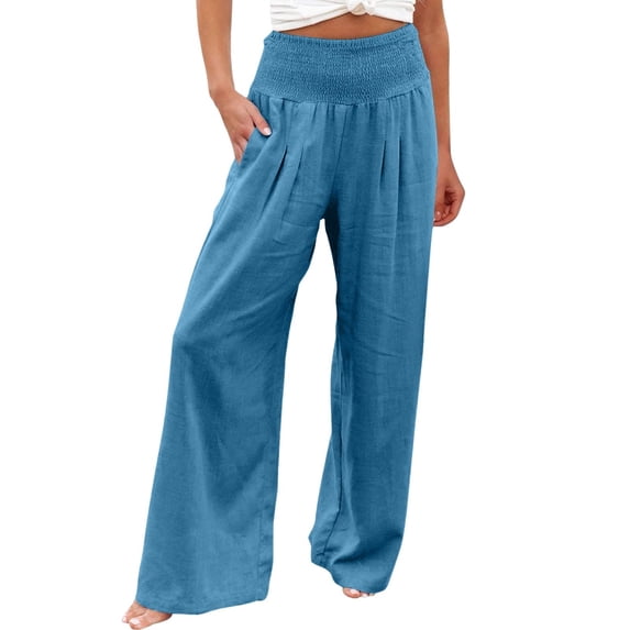 Linen Pants Women Linen High Waist Summer Beach Travel Vacation Wide Leg Sweatpants Women Light Blue 2Xl