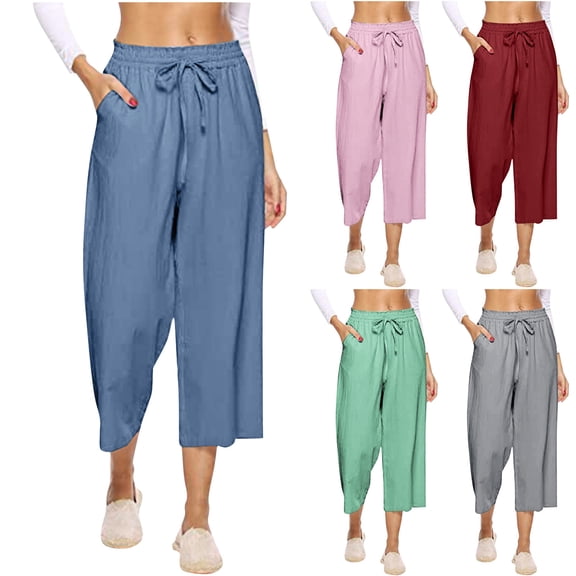 Linen Pants Women Linen Pants High Waist Wide Leg Drawstring Casual Loose With Pockets Womens Wide Leg Dress Pants Blue XL