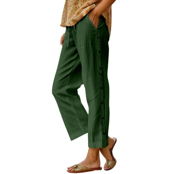 Linen Pants Women Linen Pants WomenCropped Pants Casual Button Design Daily Wear Womens Linen Pants Green M