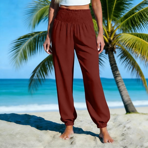 Linen Pants for Women Loose Cotton Linen Elastic Waist Tapered Leg Pant Womens Summer Casual Solid Plus Size Relaxed Fits Lightweight Breathable Trouses