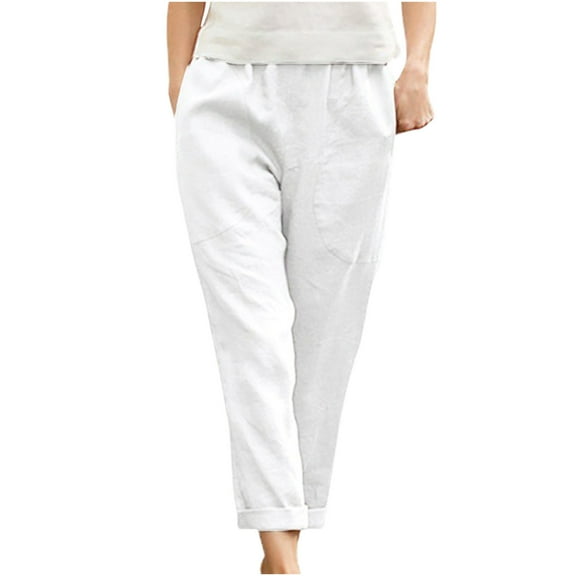 Linen Pants for Women Loose Fashion Wide Leg Pants with Pockets Elastic High Waist Long Straight Lounge Pants Solid Comfortable Casual Trousers 2025 Beach Travel Vacation Outfits