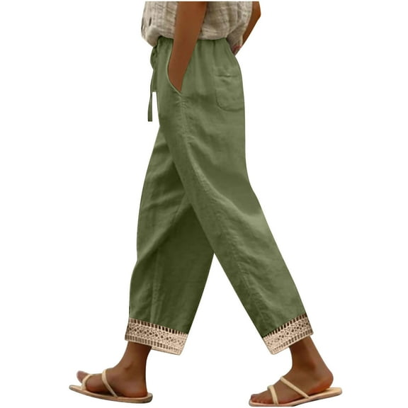 Linen Pants for Women Loose Fashion Wide Leg Pants Solid Comfortable Long Trousers Long Straight Elastic High Waist Casual Lounge Pants 2025 Beach Travel Vacation Outfits