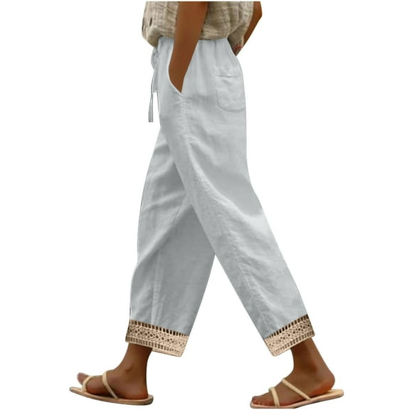 Linen Pants for Women Loose Fashion Wide Leg Pants Solid Comfortable Long Trousers Long Straight Elastic High Waist Casual Lounge Pants 2025 Beach Travel Vacation Outfits