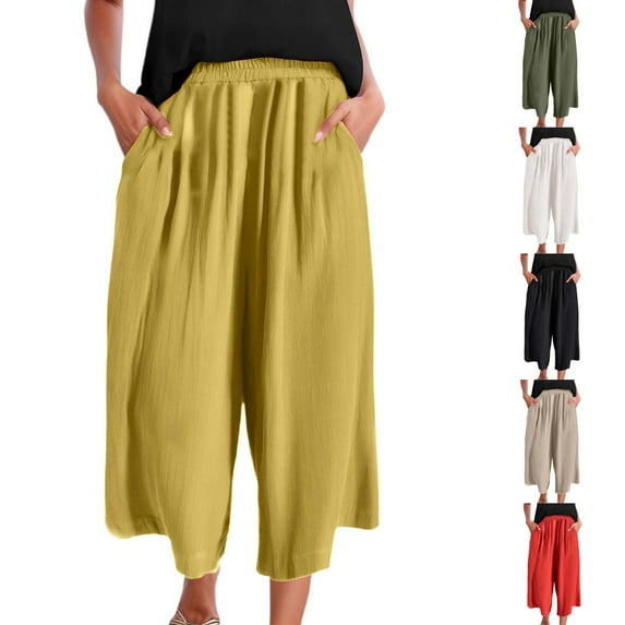 Linen Pants Women Loose Fit Solid Color Elastic Waist Baggy Capris Trousers Red Casual Yoga Pant XXXXL