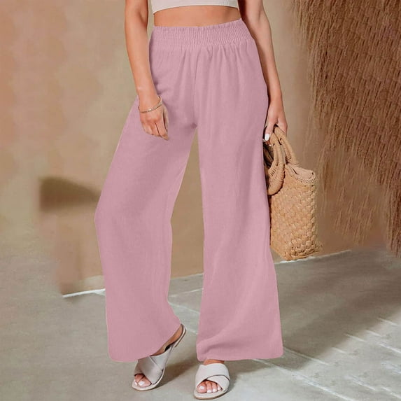 Linen Pants Women Loose Wide Leg Pants High Waist Wide Leg Casual Casual Solid Color Elastic Waist Straight Pants Plus Size(S-XXXL)