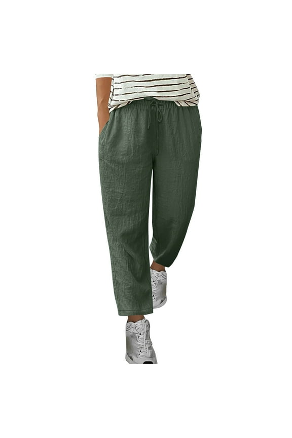 Linen Pants for Women Office Elasticated Waist Drawstring Oversized Long Pants Straight Wide Leg Lounge Pant Casual Loose High Waisted Palazzo Loose Fit Fall Trouser with Pockets S-5XL