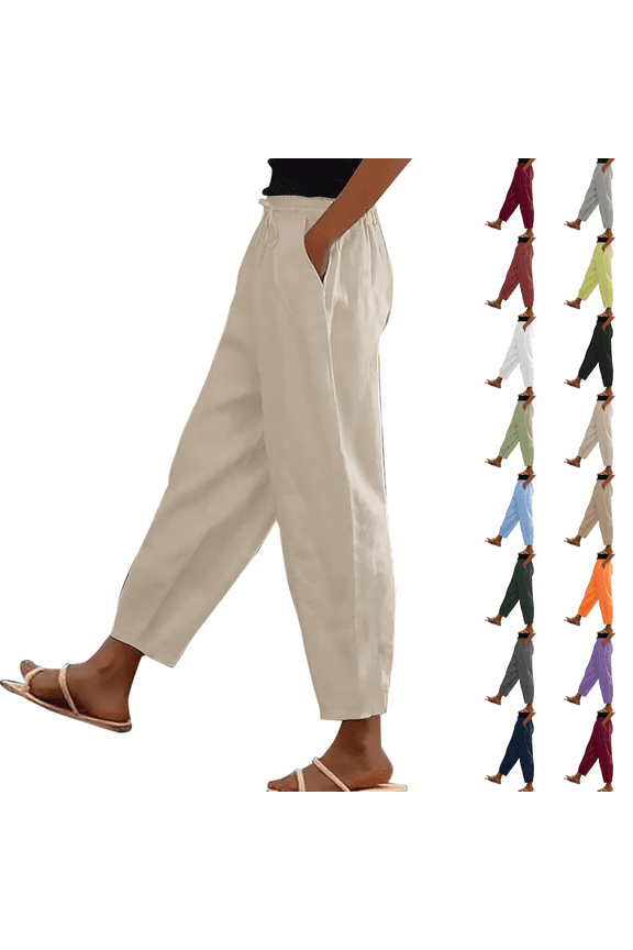 Linen Pants for Women Palazzo Pants Petite Plus Size Casual Solid High Waist Wide Leg Vacation Cropped Trousers Trendy Clothing Pull On with Pockets Beige 2XL