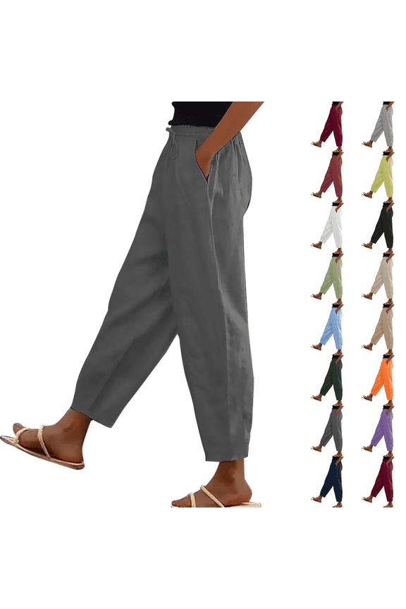 Linen Pants for Women Palazzo Pants Petite Plus Size Casual Solid High Waist Wide Leg Vacation Cropped Trousers Trendy Clothing Pull On with Pockets Dark Gray L