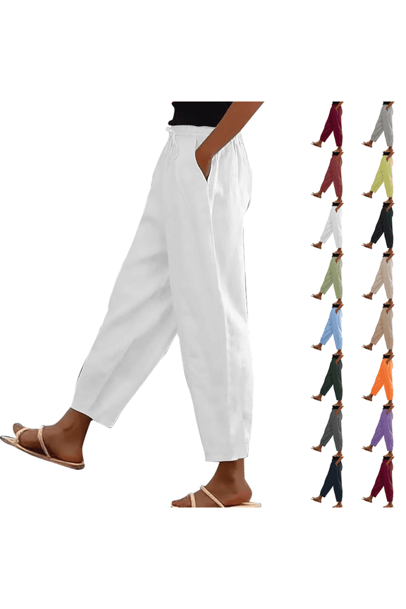 Linen Pants for Women Palazzo Pants Petite Plus Size Casual Solid High Waist Wide Leg Vacation Cropped Trousers Trendy Clothing Pull On with Pockets White 5XL