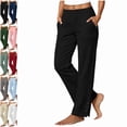 thumbnail image 1 of Linen Pants Women Petite Casual Straight Leg Pants | Ladies Elastic Waist Pull On Trousers with Pockets,Split Button Design Black 2XL, 1 of 7