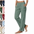 thumbnail image 1 of Linen Pants Women Petite Casual Straight Leg Pants | Ladies Elastic Waist Pull On Trousers with Pockets,Split Button Design Green M, 1 of 7