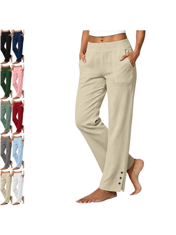 Linen Pants Women Petite Casual Straight Leg Pants | Ladies Elastic Waist Pull On Trousers with Pockets,Split Button Design Khaki XL