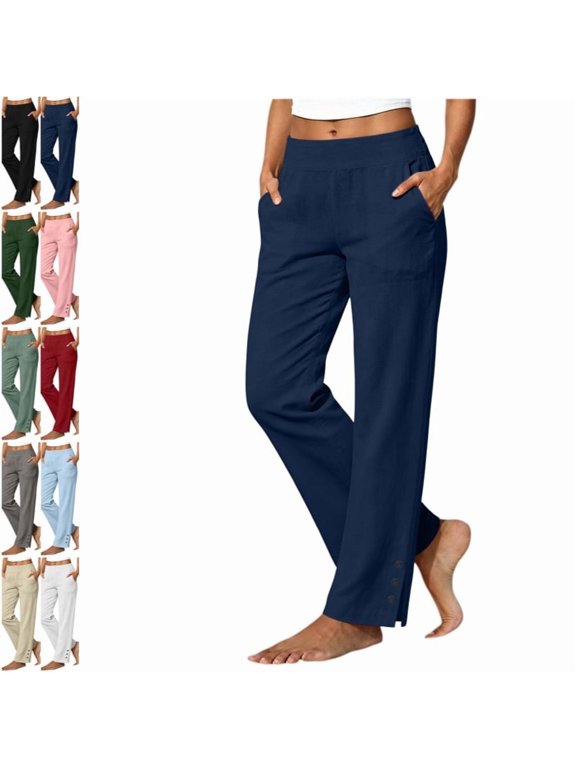Linen Pants Women Petite Casual Straight Leg Pants | Ladies Elastic Waist Pull On Trousers with Pockets,Split Button Design Navy L