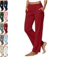 thumbnail image 1 of Linen Pants Women Petite Casual Straight Leg Pants | Ladies Elastic Waist Pull On Trousers with Pockets,Split Button Design Red 2XL, 1 of 4