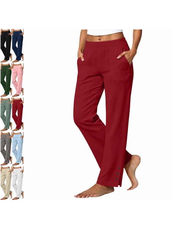 Linen Pants Women Petite Casual Straight Leg Pants | Ladies Elastic Waist Pull On Trousers with Pockets,Split Button Design Red M