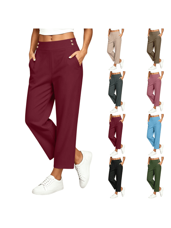 Linen Pants Women Petite Casual Straight Leg Pants Ladies Elastic Waist Pull On Trousers with Pockets
