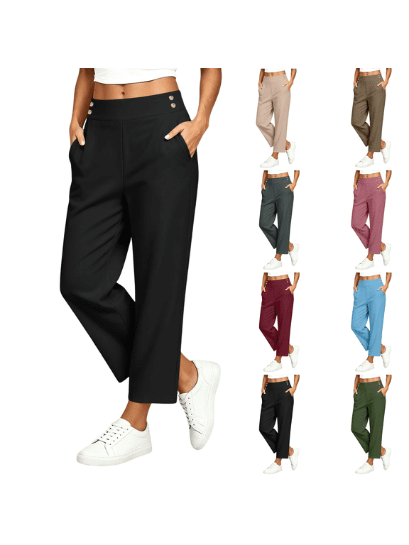 Linen Pants Women Petite Casual Straight Leg Pants Ladies Elastic Waist Pull On Trousers with Pockets