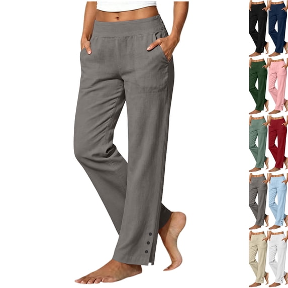 Linen Pants Women Petite Casual Straight Leg Pants Ladies Elastic Waist Pull On Trousers with Pockets,Cotton Soft Breathable ankle pants,Split Button Design Gray M