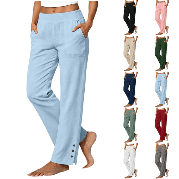 Linen Pants Women Petite Casual Straight Leg Pants Ladies Elastic Waist Pull On Trousers with Pockets,Cotton Soft Breathable ankle pants,Split Button Design Sky Blue XL