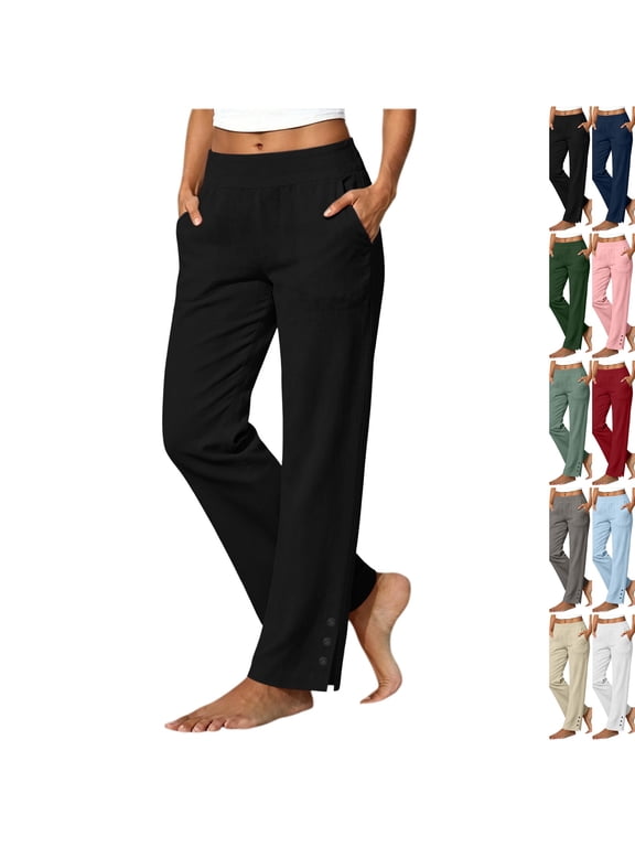 Linen Pants Women Petite Casual Straight Leg Pants Ladies Elastic Waist Pull On Trousers with Pockets,Cotton Soft Breathable ankle pants,Split Button Design Black XL