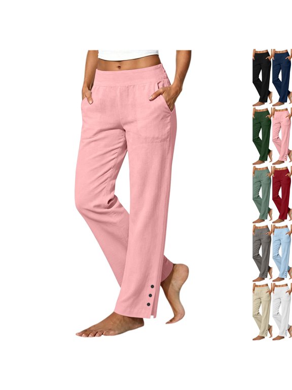 Linen Pants Women Petite Casual Straight Leg Pants Ladies Elastic Waist Pull On Trousers with Pockets,Cotton Soft Breathable ankle pants,Split Button Design Pink S
