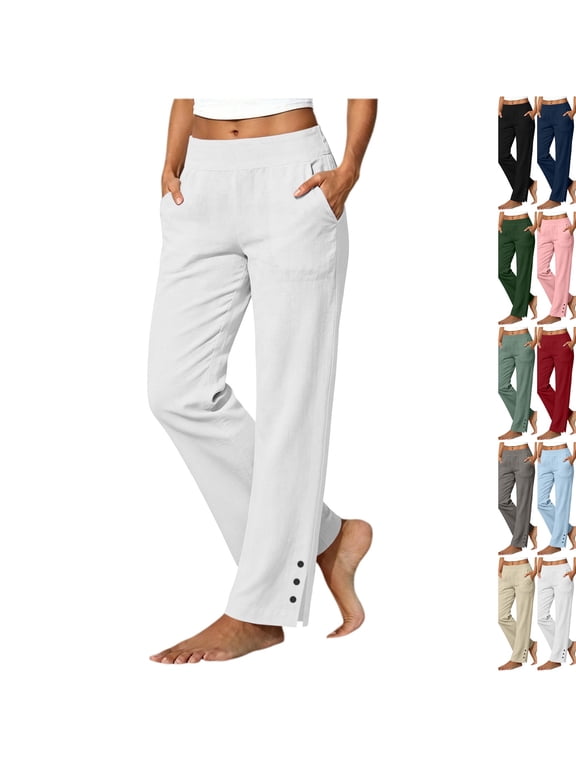 Linen Pants Women Petite Casual Straight Leg Pants Ladies Elastic Waist Pull On Trousers with Pockets,Cotton Soft Breathable ankle pants,Split Button Design White L
