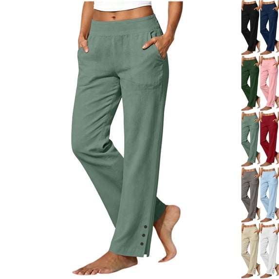 Linen Pants Women Petite Casual Straight Leg Pants Ladies Elastic Waist Pull On Trousers with Pockets,Cotton Soft Breathable ankle pants,Split Button Design Green 2XL