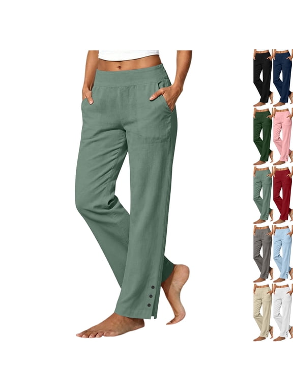 Linen Pants Women Petite Casual Straight Leg Pants Ladies Elastic Waist Pull On Trousers with Pockets,Cotton Soft Breathable ankle pants,Split Button Design Green L