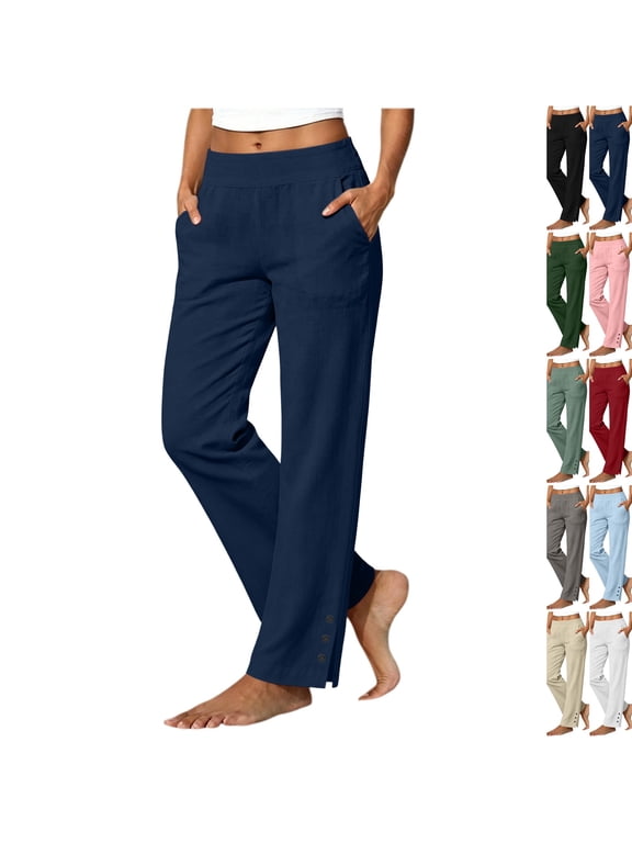 Linen Pants Women Petite Casual Straight Leg Pants Ladies Elastic Waist Pull On Trousers with Pockets,Cotton Soft Breathable ankle pants,Split Button Design Navy S