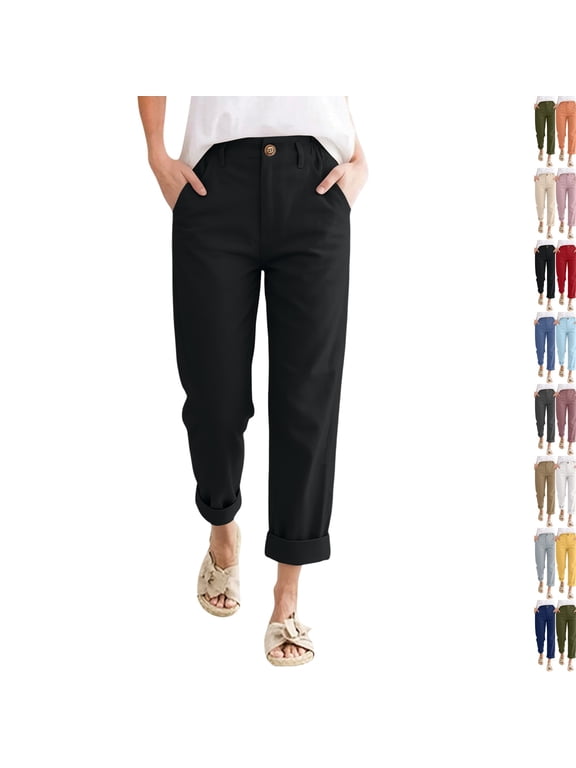 Linen Pants Women Petite High Waisted Cropped Pants Summer Beach Ankle Length Straight Leg Tapered Trouser Pant Black L