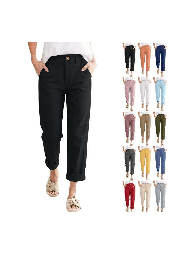 Linen Pants Women Petite High Waisted Cropped Pants Summer Beach Ankle Length Straight Leg Tapered Trouser Pant (Black,M)