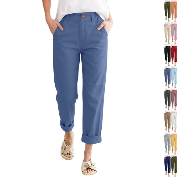 Linen Pants Women Petite High Waisted Cropped Pants Summer Beach Ankle Length Straight Leg Tapered Trouser Pant Blue M