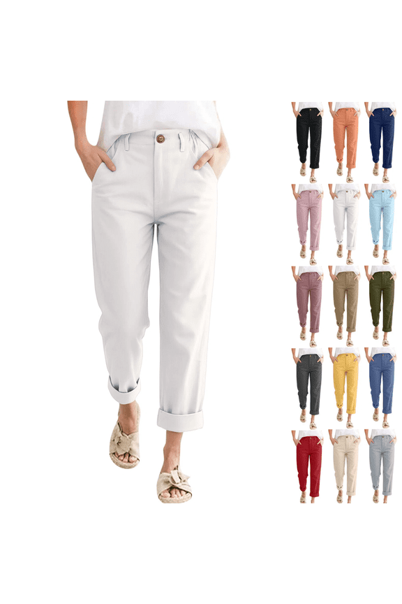 Linen Pants Women Petite High Waisted Cropped Pants Summer Beach Ankle Length Straight Leg Tapered Trouser Pant （White,L)