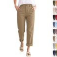 thumbnail image 1 of Linen Pants Women Petite High Waisted Cropped Pants Summer Beach Ankle Length Straight Leg Tapered Trouser Pant with Pockets with Pockets Khaki S, 1 of 5