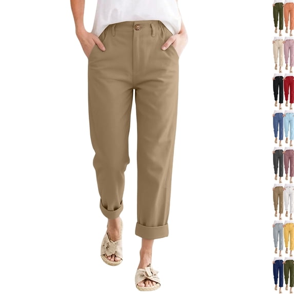 Linen Pants Women Petite High Waisted Cropped Pants Summer Beach Ankle Length Straight Leg Tapered Trouser Pant with Pockets with Pockets Khaki S