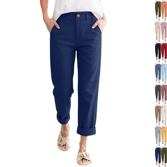 Linen Pants Women Petite High Waisted Cropped Pants Summer Beach Ankle Length Straight Leg Tapered Trouser Pant with Pockets with Pockets Navy L