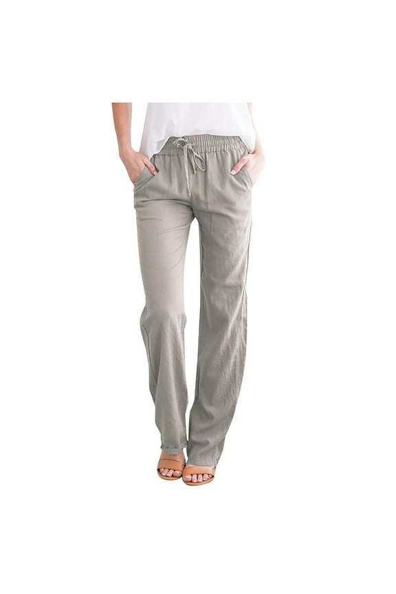 Linen Pants for Women Petite Length Loose Cotton Linen with Pocket Solid Trousers Pants Wide Leg Pants for Women for Beach Vacation Day to Night Everyday Wear 3-Gray XXXL
