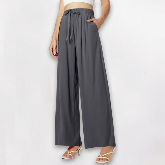 Linen Pants for Women Petite Short Women's Summer High Waisted Drawstring Linen Wide Leg Beach Pants with Pockets Comfortable Casual Pure Color Loose Fit Trousers for Vacation Travel and Relaxation
