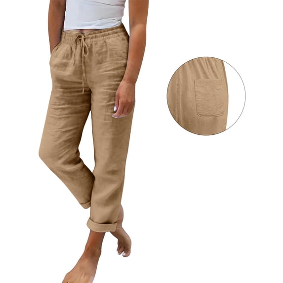 Linen Pants Women Petite Summer Casual Lightweight Drawstring Waist Pant Gauze Straight Leg Trouser with Pockets Brown XL