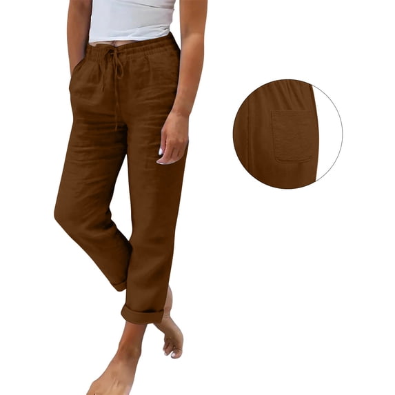 Linen Pants Women Petite Summer Casual Lightweight Drawstring Waist Pant Gauze Straight Leg Trouser with Pockets Coffee 4XL