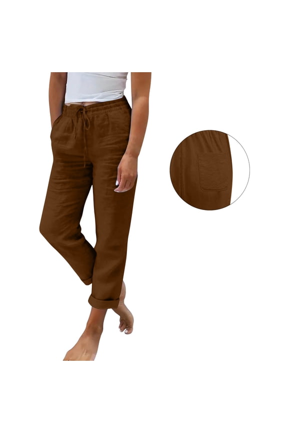 Linen Pants Women Petite Summer Casual Lightweight Drawstring Waist Pant Gauze Straight Leg Trouser with Pockets Coffee XL