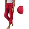 thumbnail image 1 of Linen Pants Women Petite Summer Casual Lightweight Drawstring Waist Pant Gauze Straight Leg Trouser with Pockets Red 2XL, 1 of 5