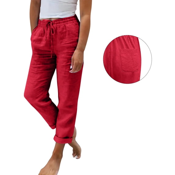 Linen Pants Women Petite Summer Casual Lightweight Drawstring Waist Pant Gauze Straight Leg Trouser with Pockets Red 2XL